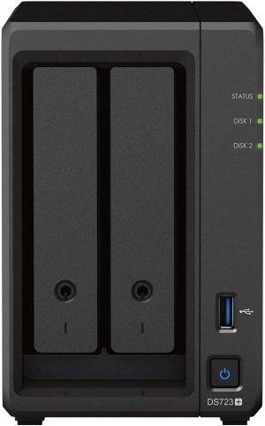 Synology DS723+ NAS with AMD Ryzen R1600 Dual-Core CPU, 2GB RAM, and Scalable Storage