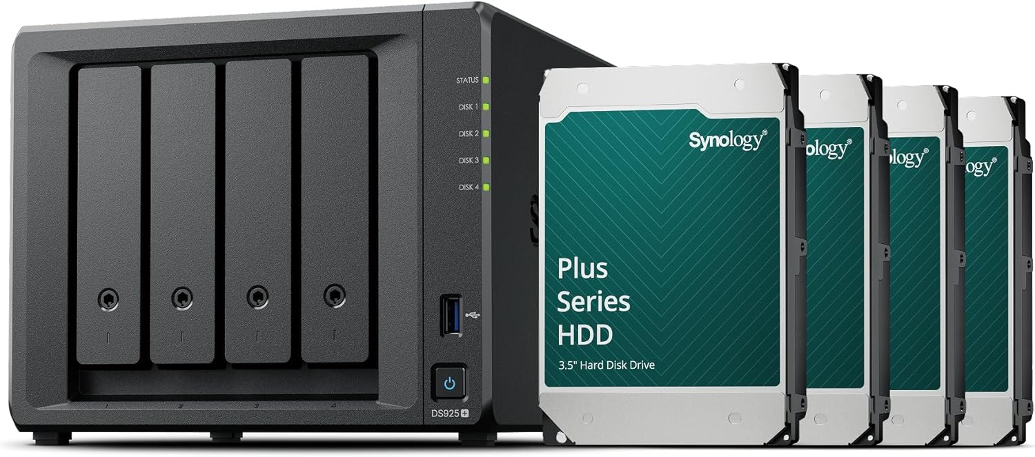 Synology DS925+ 4-Bay DiskStation NAS with AMD Ryzen Embedded V1500B Quad-Core, 4GB RAM, 2x RJ-45 1GbE LAN Ports - 16TB Bundle with 4x HAT3300-4T