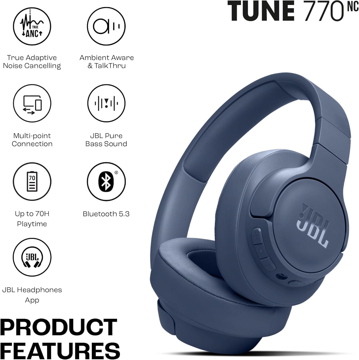 JBL Tune 770NC Wireless Over-Ear Headphones JBLT770NCBLU with Adaptive Noise Cancelling, Bluetooth 5.3, 70H Battery - Image 2